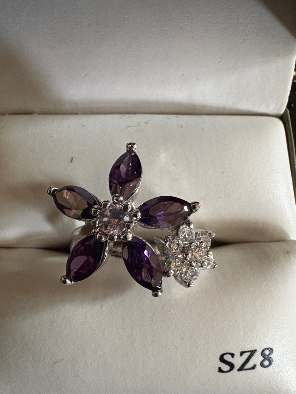 Macy's Silver-Tone Purple Floral Cluster Ring with Clear Accents